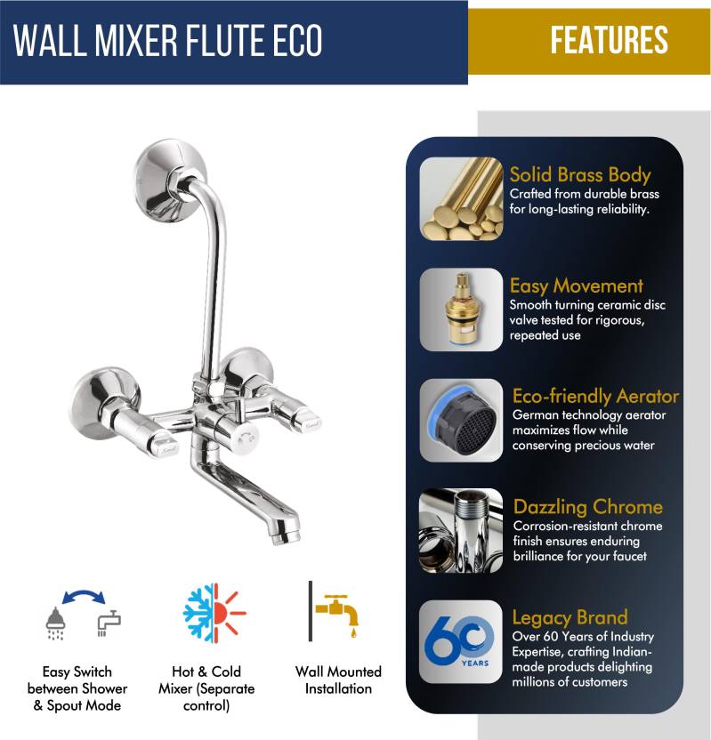 Flute Eco Wall Mixer with L Bend Pipe (Full Brass) - by Kamal