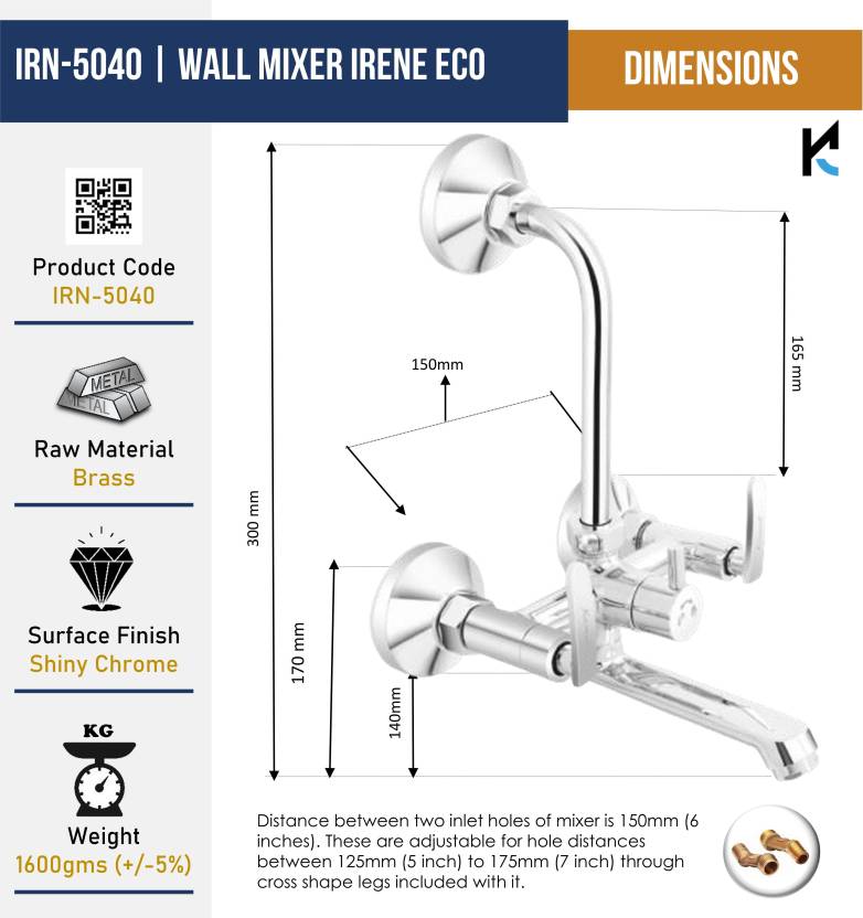 Irene Wall Mixer with L Bend Pipe (Full Brass) - by Kamal