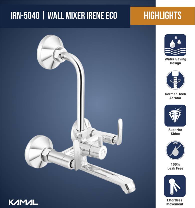 Irene Wall Mixer with L Bend Pipe (Full Brass) - by Kamal