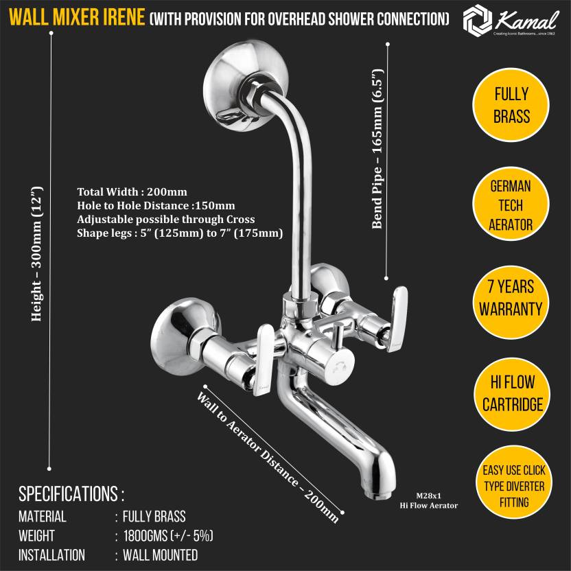 Irene Wall Mixer with L- Bend Pipe (Full Brass) - by Kamal
