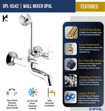 Opal Wall Mixer with L Bend Pipe (Full Brass) - by Kamal
