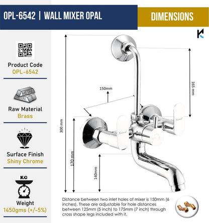 Opal Wall Mixer with L Bend Pipe (Full Brass) - by Kamal
