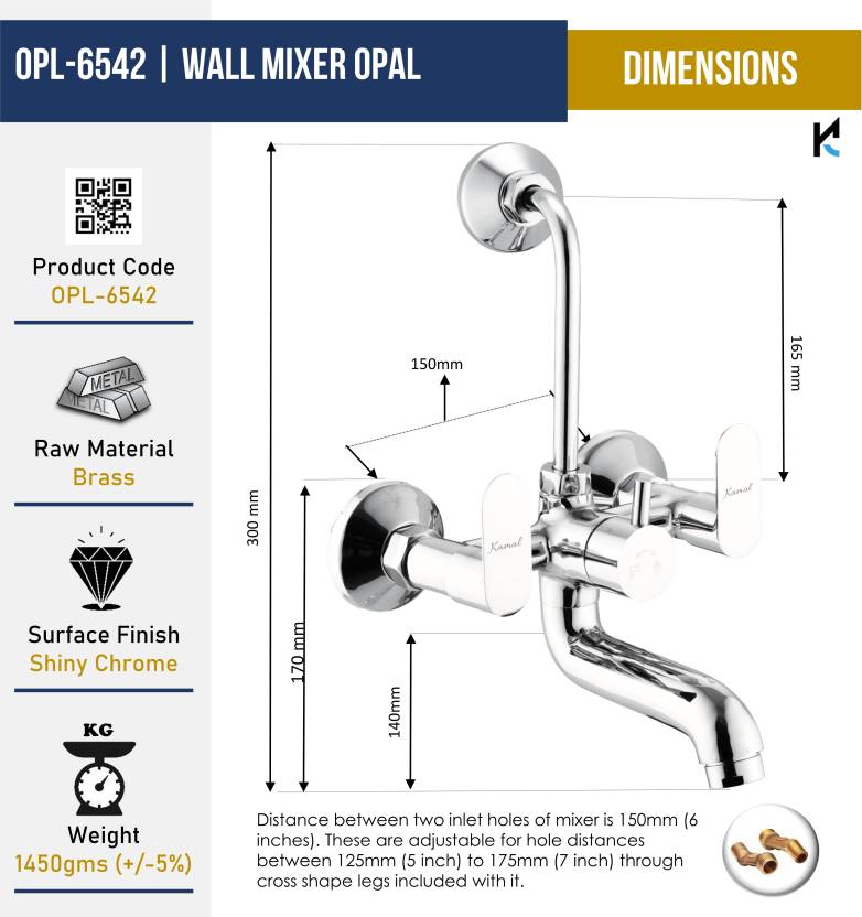 Opal Wall Mixer with L Bend Pipe (Full Brass) - by Kamal