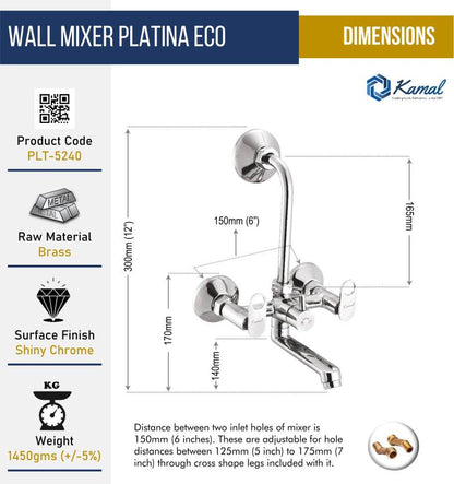 Platina Eco Wall Mixer with L bend Pipe (Full Brass) - by Kamal