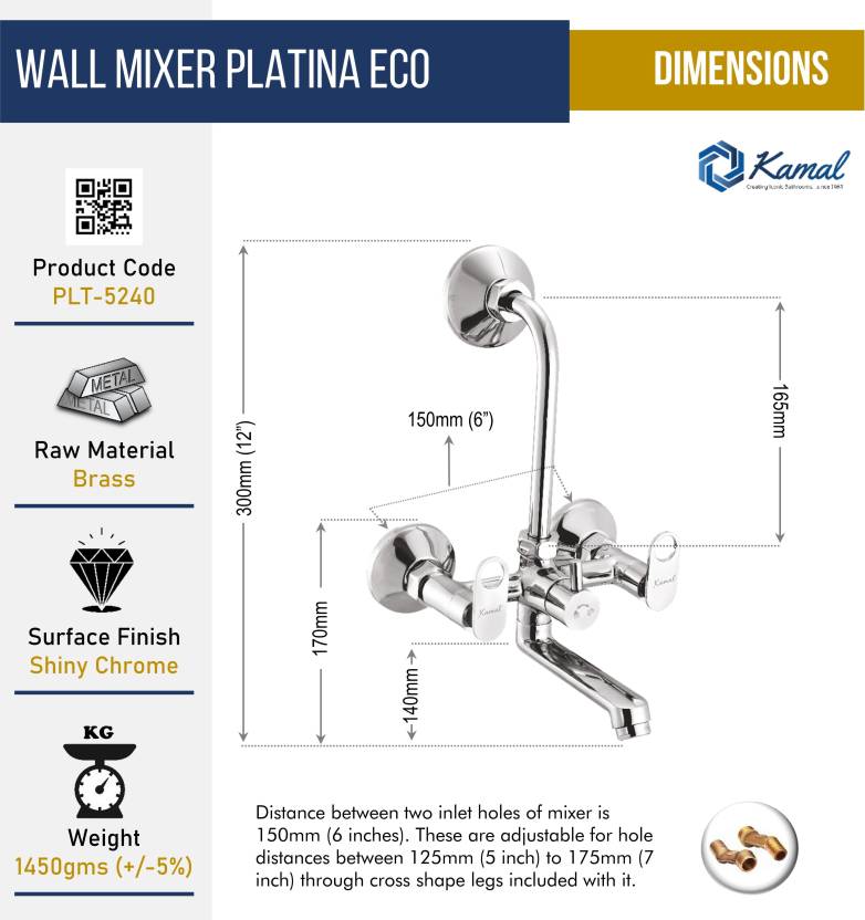 Platina Eco Wall Mixer with L bend Pipe (Full Brass) - by Kamal