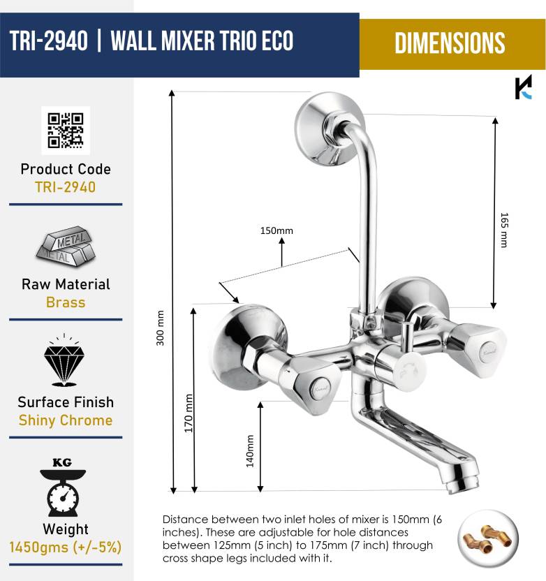 Trio Eco Wall Mixer with L bend Pipe (Full Brass) - by Kamal