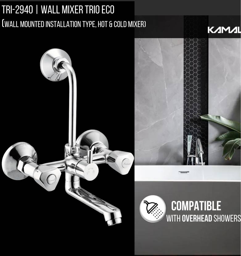 Trio Eco Wall Mixer with L bend Pipe (Full Brass) - by Kamal