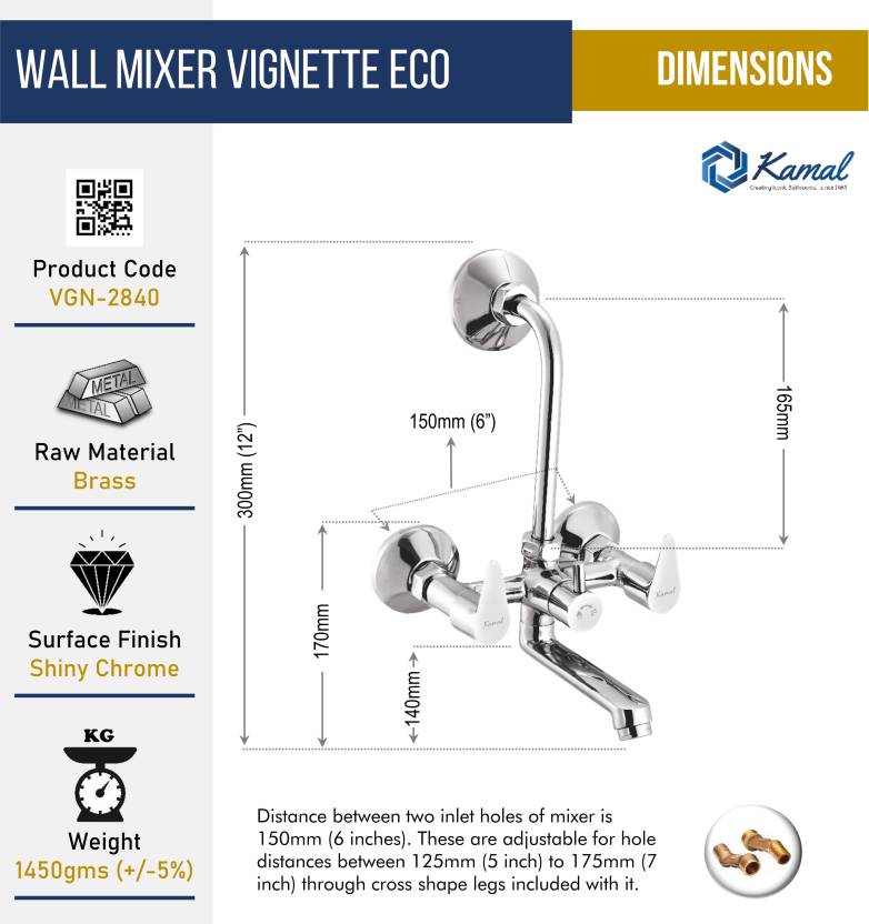 Vignette Eco Wall Mixer with L Bend Pipe (Full Brass) - by Kamal